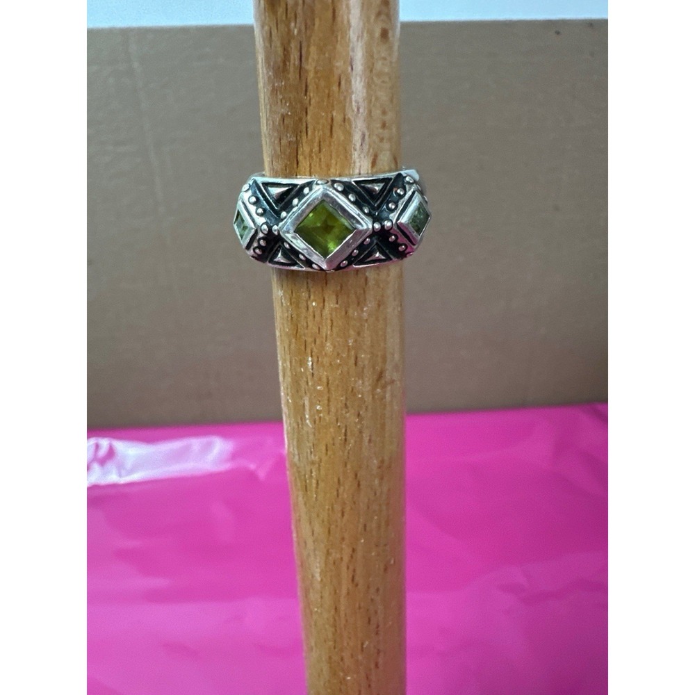 REXES Sterling Silver 925 Peridot Green Gemstone Boho Bali Band Ring Size 9